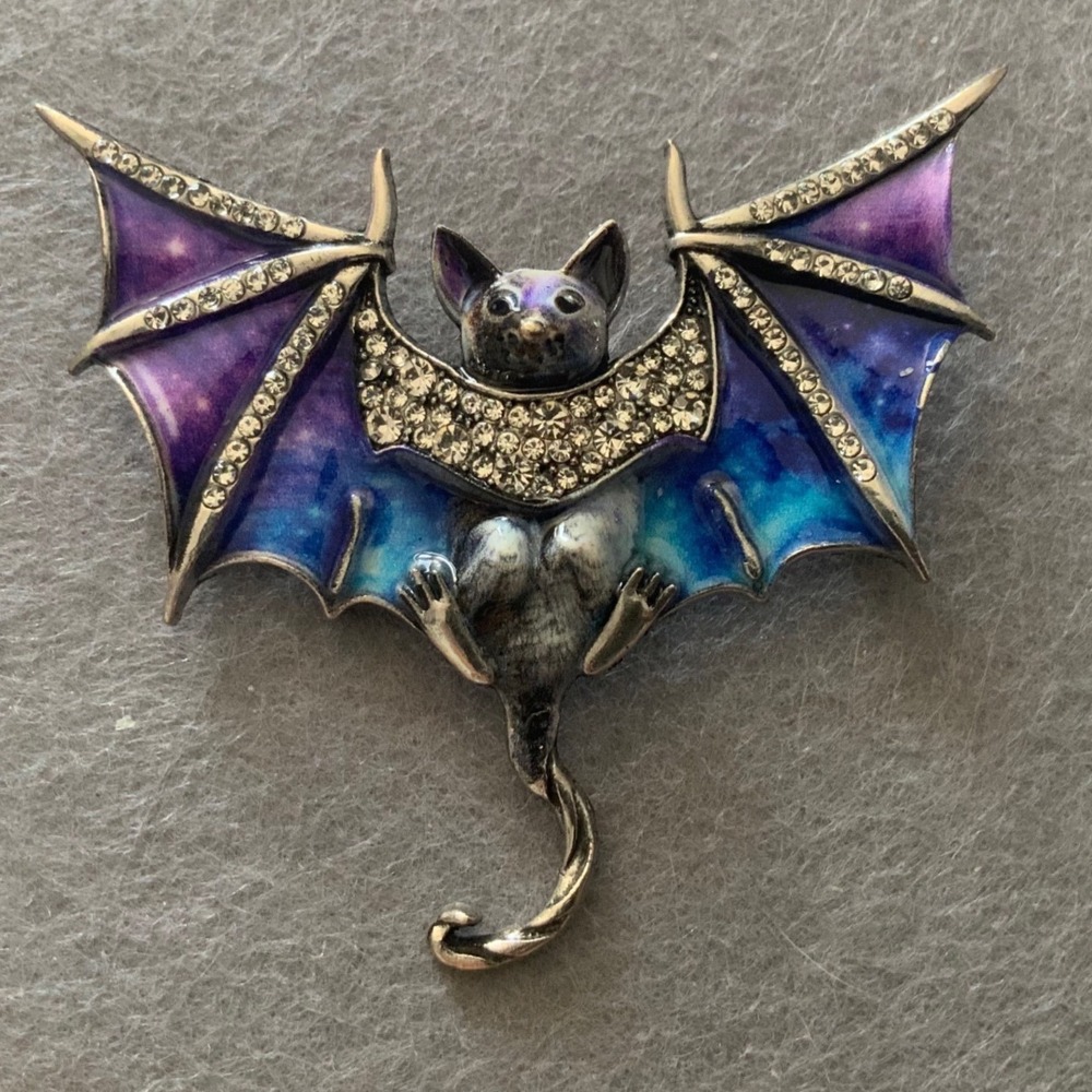 Gothic Celestial Bat Brooch Pin Purple Blue  Enamel Vampire Halloween Rhinestone